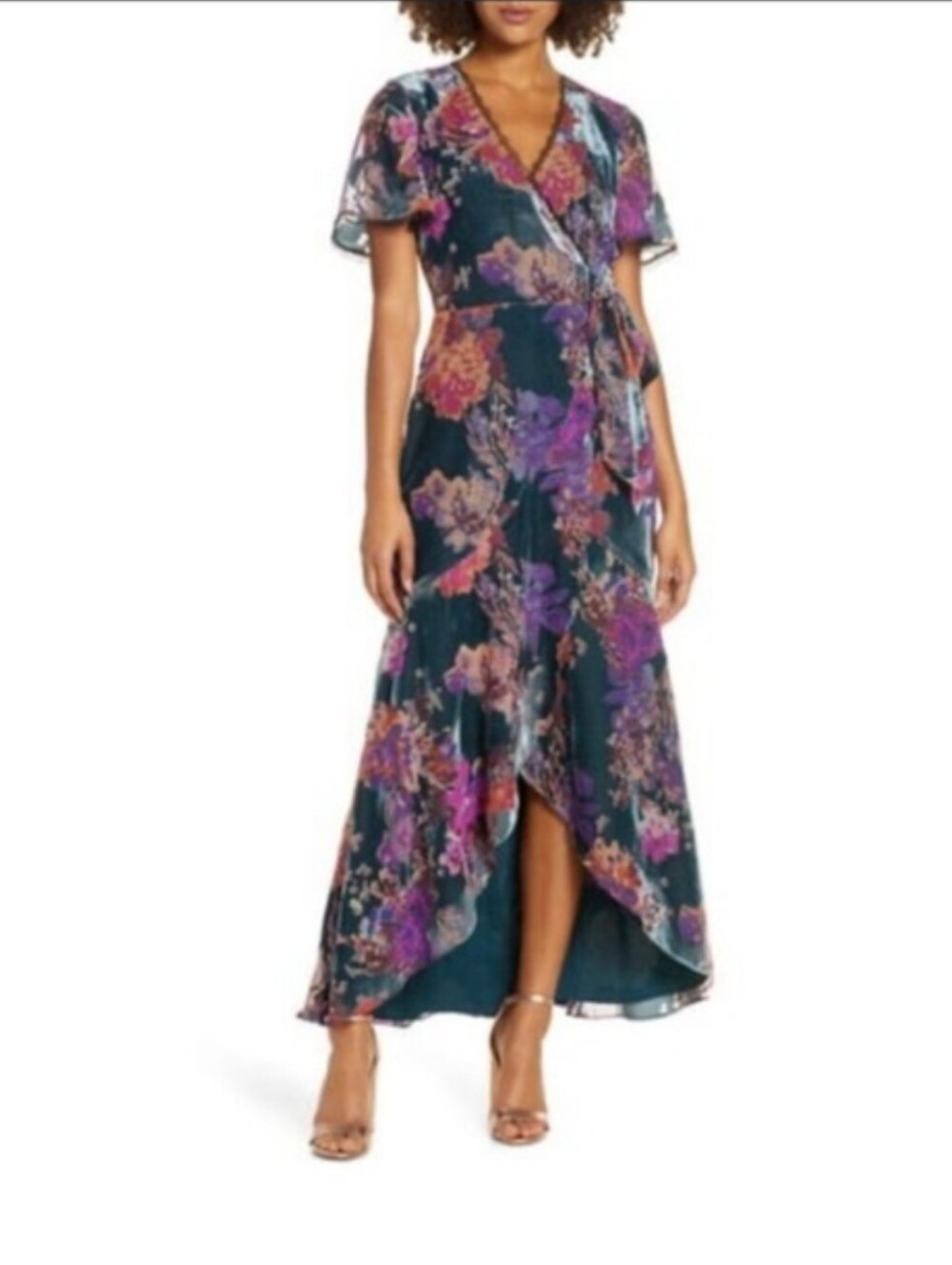 BHLDN Harlyn Guest Of Honor Velvet Floral Wrap Dress Women's Large L High-Low